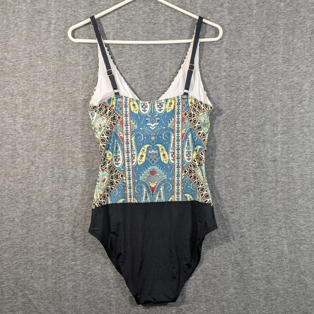 Jantzen Womens Paisley Geometric Mixed Print One Piece Swimsuit Blue Black Sz 8